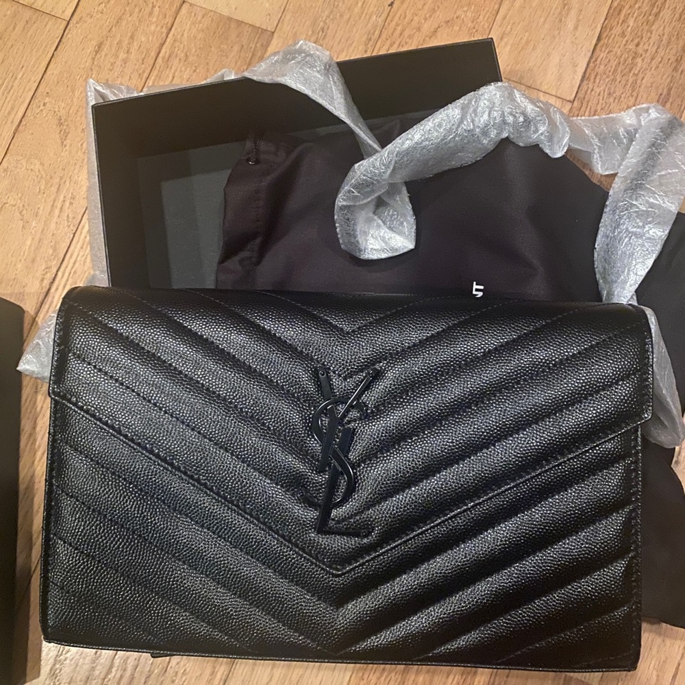Yves Saint Laurent Monogram Quilted Leather Chain Wallet Bag in black/black